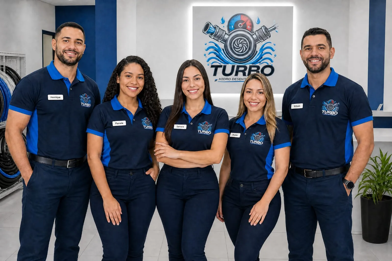 Equipe da Turbo Hidro uniformizada na sede da empresa